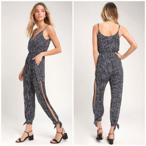LULUS stroll the shore navy striped jumpsuit AQ15